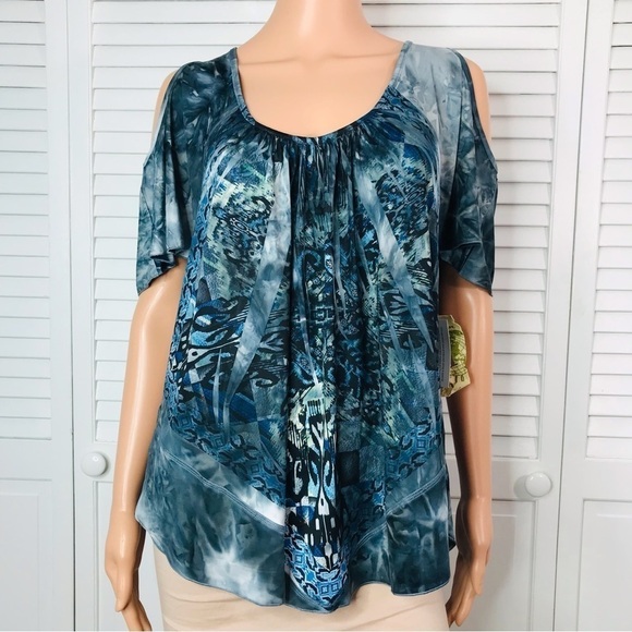 ONE WORLD Blue Embroidered Detail Short Sleeve Cold Shoulder Shirt Size 1X - Picture 1 of 9